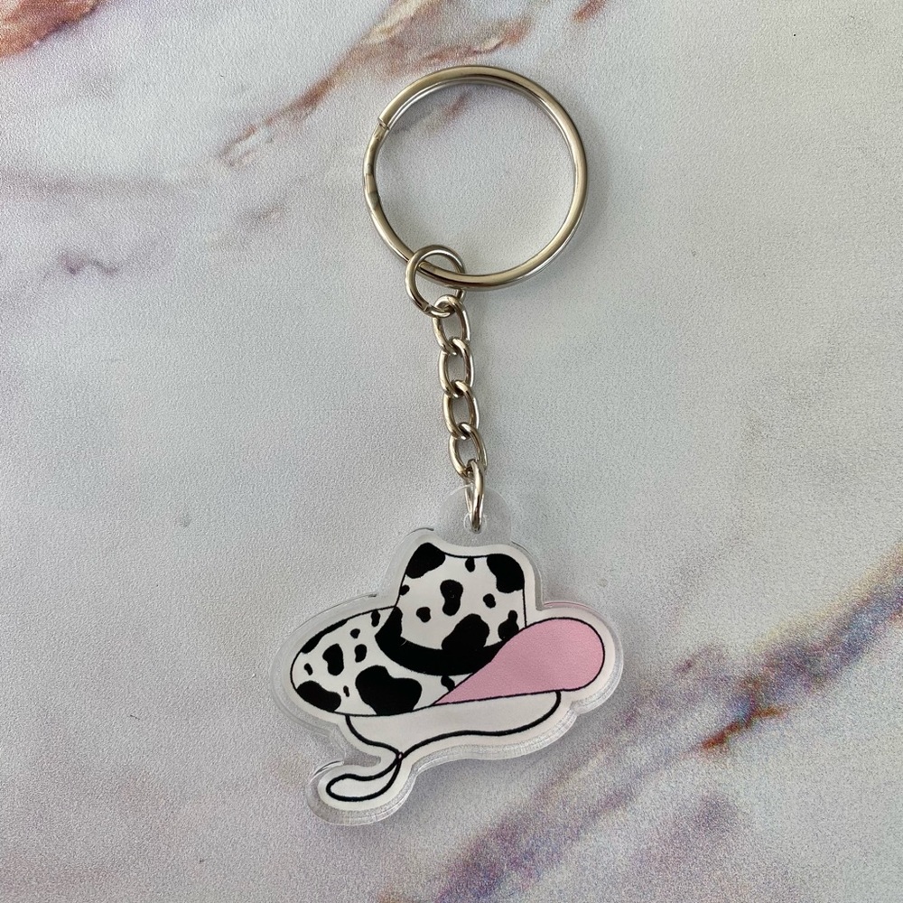 Brand new pink cowboy hat cow print keychain